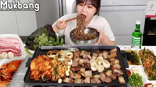Mukbang | Grilled SAMGYEOPSAL (Pork belly) with Kimchi and scallops, Noodles.