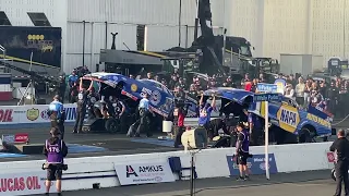 Starting line accident - 2022 NHRA Winternationals nitro Funny car final: Ron Capps vs Robert Hight.