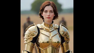 ANNE HATHAWAY WEARING GOLD ARMOUR ON THE BATTLEFIELD WAITING FOR THE BATTLE TO BEGIN 2024💛