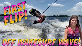Presley Throws Her First Wakeboard Flip Off The Surf Wave!