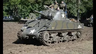 Sherman M4 105mm going fast in the mud (radial engine sound)