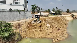 Wow!! Incredible Landfilling Up For Road Reside By Bulldozer KOMATSU D31P and 15ton Truck