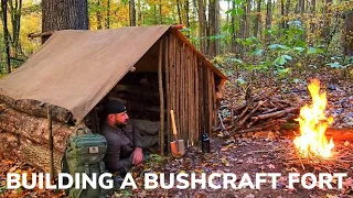 Solo Overnight Building a Fort in The Woods Part 2 and Wild Boars Bacon Stew