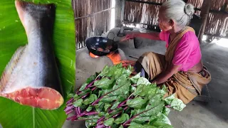 Very poor GRANDMOTHER cooking & eating big PANGAS fish recipe with PUISHAK | How to cook fish recipe