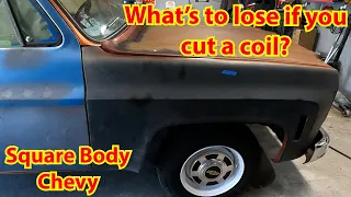 Budget DIY front end lowering by cutting coils on Chevy square body pickup.