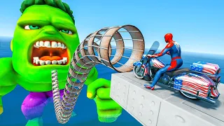 Spiderman Found Biggest Monster Green Hulk Challenge w Motorbikes Racing Wipeout Obstacle
