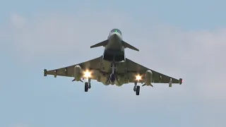 3 Eurofighter Typhoon German Air Force Luftwaffe overhead approach at Nörvenich AirBase ETNN