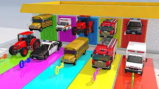 Guess The Right Door With Tire Game Tractor, Police Car, School Bus, Fire Truck 3D Vehicle Games