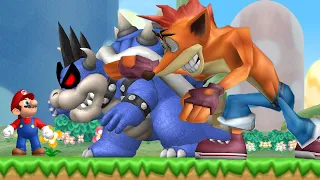 New Super Mario Bros. Wii - Evil Dark Bowser and Crash Bandicoot Fight in the first Level