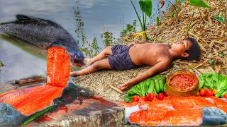 Primitive Technology - Eating Salmon Fish So Delicious At The Waterfall #ep 108