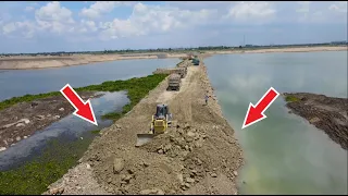 Amazing Lake filling Building Road Big project By SHANTUI Dozer Pushing Stone with Wheel 12 Truck