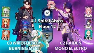 C0 Wriothesley Burning Melt & C2 Raiden Mono Electro | 4.1 Spiral Abyss Floor 12 - Genshin Impact