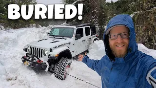 GOT MY JEEP WRANGLER VERY STUCK IN DEEP SNOW!  *WINCH RECOVERY*