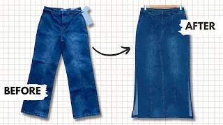 How to Transform Your Jeans into a Maxi Denim Skirt with Side Slits | DIY Pants Reconstruction