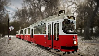 Старый трамвай с прицепом! Зимний утренний рейс в TramSim на E2!