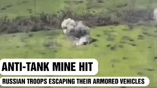 Russian Troops Escaping their Armored Vehicles after anti-tank mine Hit