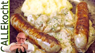 Steinpilze a la creme & grobe Bratwurst. Einfache Küche. Omas Rezept.