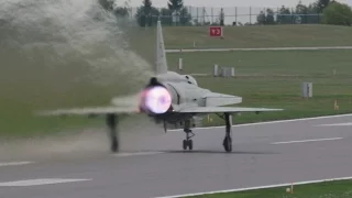 Saab AJS-37 Viggen thrust reverser landing and short take off. Swedish Air Force 90 years at Malmen