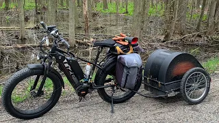 Spring Ebike / trailer trip. 3 days, 197 km, camping and cabin overnight to a Great Lake, Canada