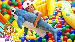 Kids pretend play with baby shark. Toy slide and ball pit. Kid friendly videos for kids.
