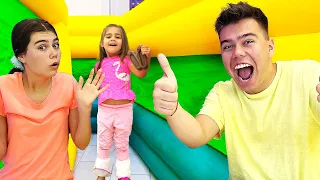 Nastya Artem and Mia Big Maze Challenge in the trampoline park and Funny adventure stories for kids