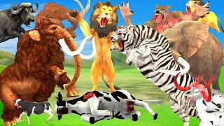 Giant Lion Tiger Fight Elephant Vs Zombie Wolf White Tiger attack Cow Calf Saved By Woolly Mammoth