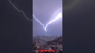 Lightning hits makkah clock tower as heavy rain floods holy city  #makkah
