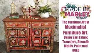 maximalist furniture art using Sari Fabric transfers stencils molds paint and gold
