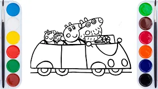 Drawing And Coloring Peppa Pig And Her Family In The Car  Drawings For Kids