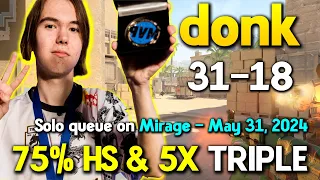 donk 31-18 Solo queue on Mirage | 75% HS & 5X TRIPLE KILL | FACEIT RANKED | May 31, 2024