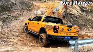 The latest 2024 Ford Ranger is going off-road in mud, and its wheels are slipping and it can’t move