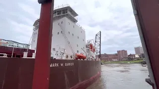 Big long boat can barely make the turns on the Cuyahoga river