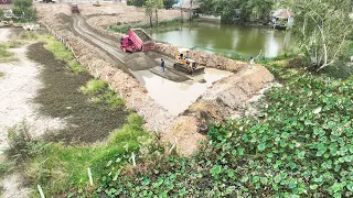 Technique Sand Filling Up Process Small Bulldozer Pushing Clearing Sand 5ton Dump Truck Unloading