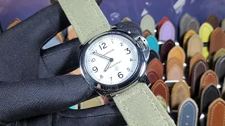 White Dial PAM00775 Panerai Luminor Base with Handmade Green Canvas Strap and Sewn Aged Flat Buckle