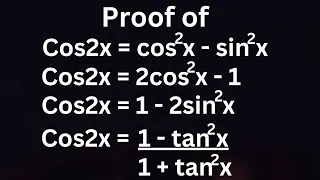 Prove that cos2x = cos^2x-sin^2x = 2cos^2x-1 = 1-2sin^2x = (1-tan^2x)/(1+tan^2x).