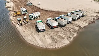 Satifying 5Ton Dump Truck Unloading Sand And Small Bulldozer Pushing Clearing Sand