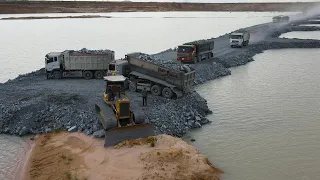 New Update!! Showing Techniques Building Road on Water with Operator Bulldozer Pushing Stone