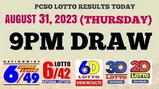 Lotto Result Today 9pm Draw August 31, 2023 6/49 6/42 6D Swertres Ez2 PCSO