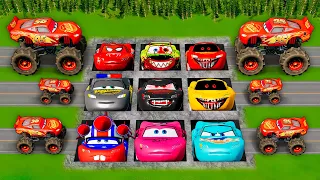 Mega Lava, Lego, Fan, Spider, Pits Vs Huge & Tiny Lightning McQueen and PIXAR CARS! BeamNG.Drive