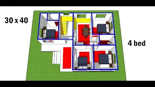 30 x 40 house design with 4 bed rooms II 1200 sqft ghar ka naksha II 30 x 40 house plan