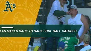 A's fan makes back-to-back foul ball catches