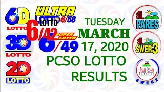 Lotto Result March 17 2020 (Tuesday), 6/58, 6/49, 6/42, 6D, 3D/Swertres, 2D/EZ2, STL | PCSO