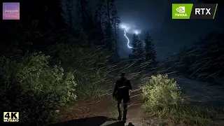 Forest Walk in Thunderstorm at Night in Red Dead Redemption 2 | Third Person View | 4K Ultra