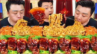 ASMR EAT PORK & SLICED NOODLES | EATING DELICIOUS MOUTH WATERING | XIAOFENG MUKBANG #49