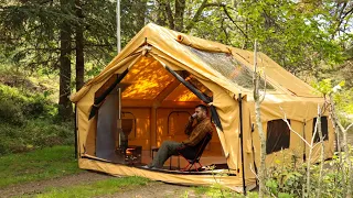 Solo Camping With a Hot Inflatable Tent and a NEW Pellet Stove