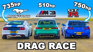 750hp Nissan Skyline R34 GT-R v 735hp Mustang v BMW M3: DRAG RACE