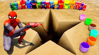 Spiderman & Big Toothpaste Eruption from Star pit, Big Fanta,  Mirinda, Orbeez & Coca Cola vs Mentos