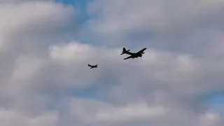 B17 Flying Fortress and "Little Friend" P-51 mustang flying tribute on 9/11 20th anniversary