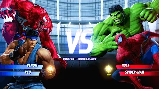 Red Venom & Ryu vs Green Hulk & Spiderman (Hardest AI ) Marvel vs Capcom:Infinite