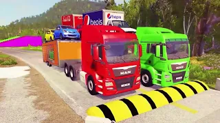 Double Flatbed Trailer Truck vs Speedbumps Train vs Cars Beamng.Drive #85 With Reverse